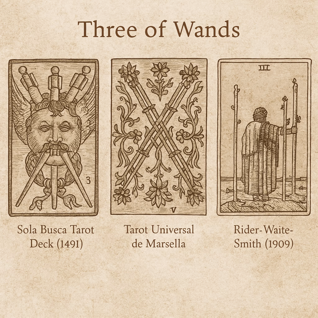 Hand-drawn parchment-style sketch showing the Three of Wands card in three different tarot traditions: Sola Busca (1491) with a human face pierced by three wands, Tarot de Marseille with floral-crossed staves, and Rider–Waite–Smith (1909) with a cloaked figure gazing across the sea beside three upright wands.