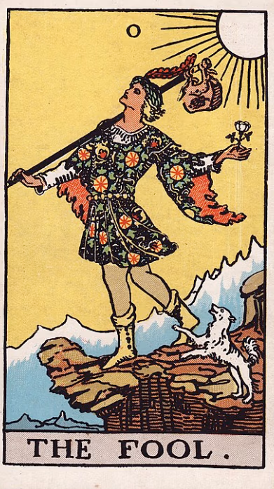 The traditional Rider–Waite–Smith Fool card showing a young traveler in bright clothes standing at the edge of a cliff, carrying a small satchel and holding a white rose, while a small white dog leaps at his feet beneath a radiant sun.