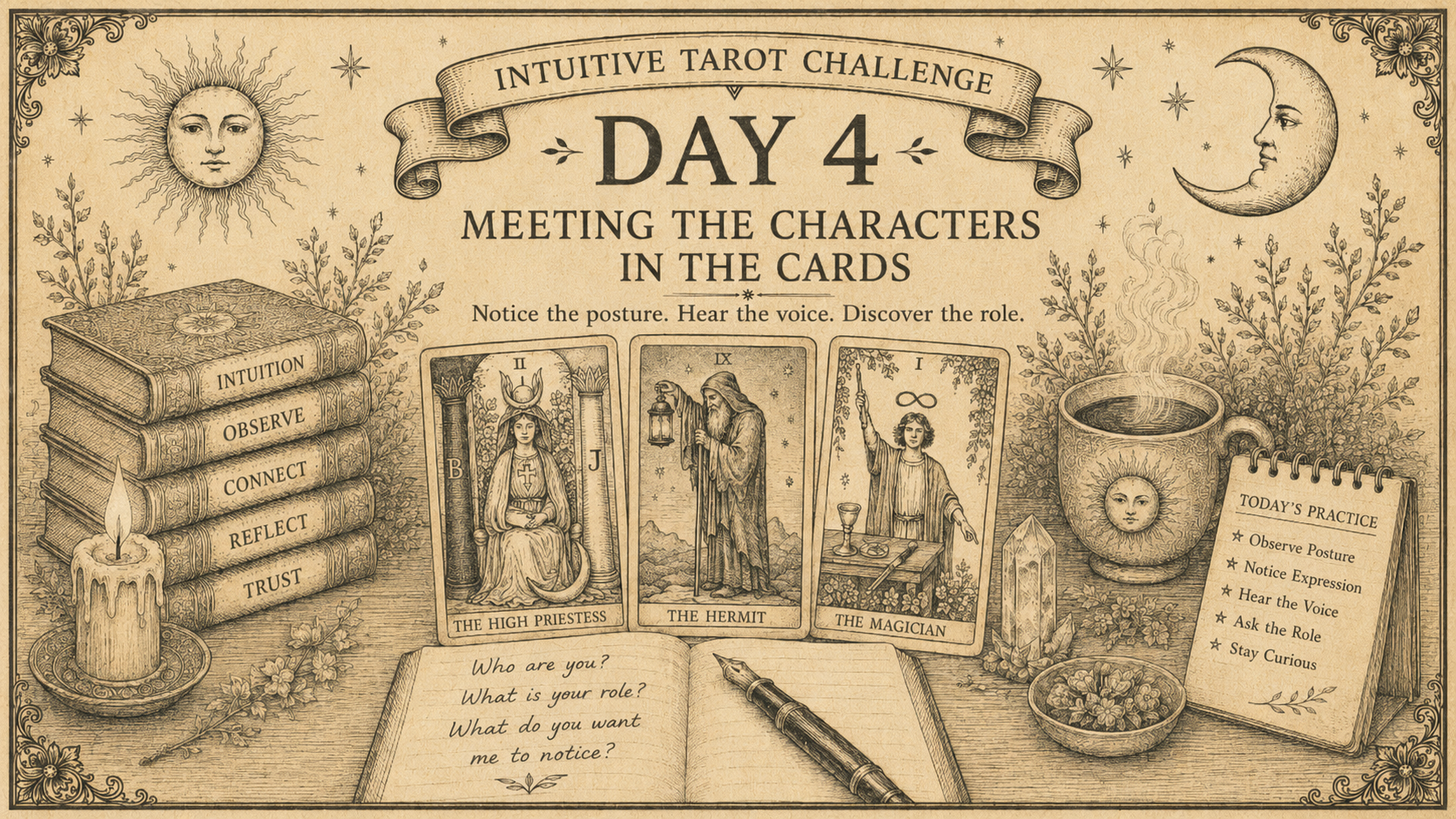 Vintage sepia tarot illustration for Intuitive Tarot Challenge Day 4, featuring The High Priestess, The Hermit, and The Magician with books, candle, journal, and study tools on parchment background.
