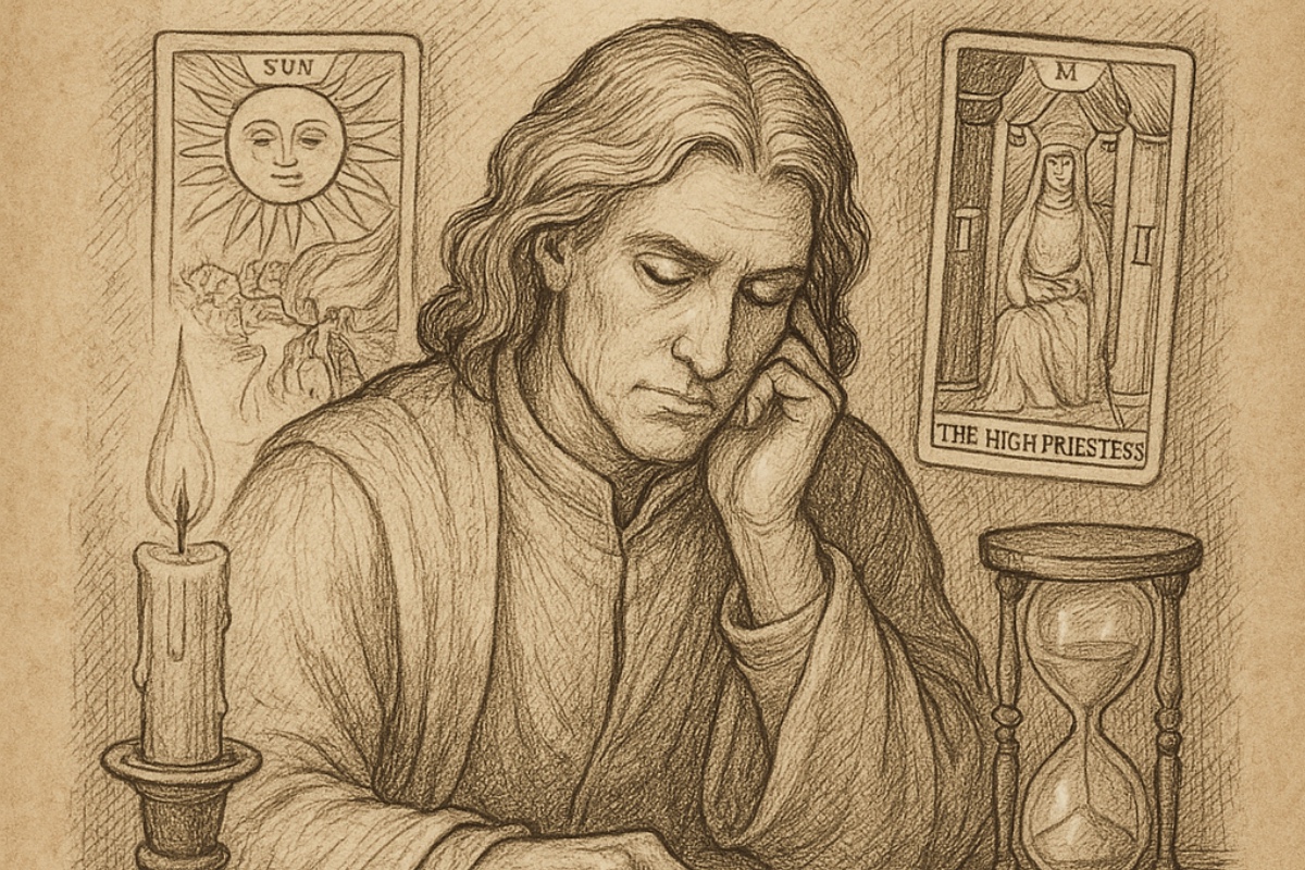 Sepia pencil sketch of a teacher holding an open book and gesturing upward, with The Magician and The Emperor Tarot cards in the background.