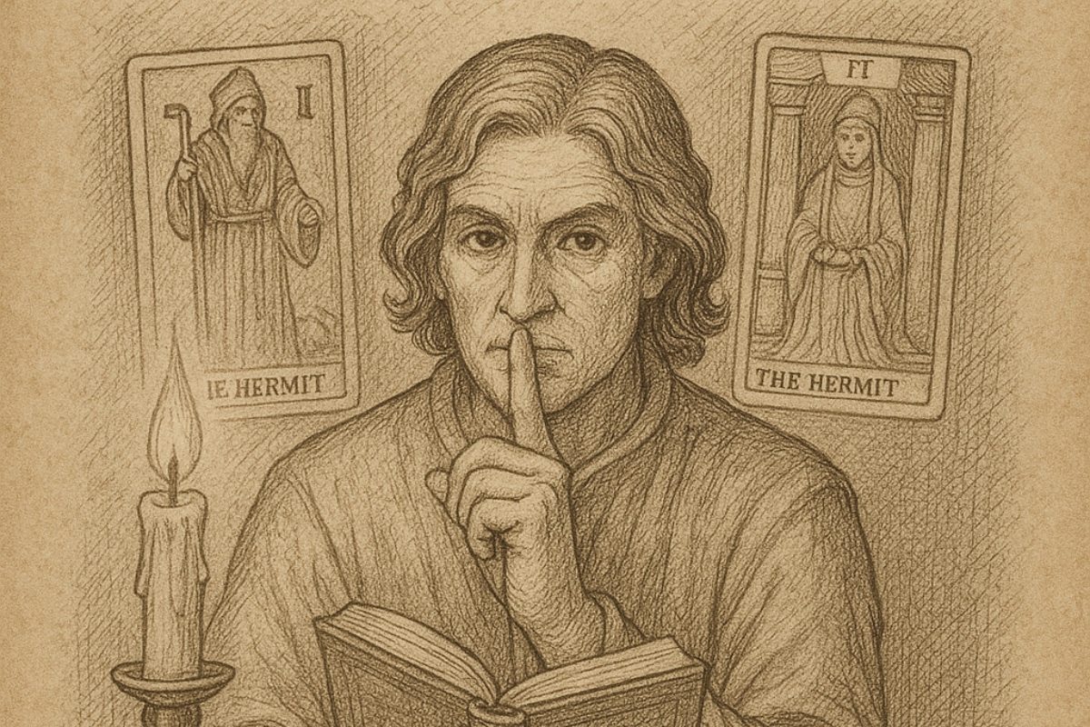 Vintage pencil sketch of a scholar holding a book and gesturing for silence, surrounded by The Hermit and High Priestess Tarot cards.