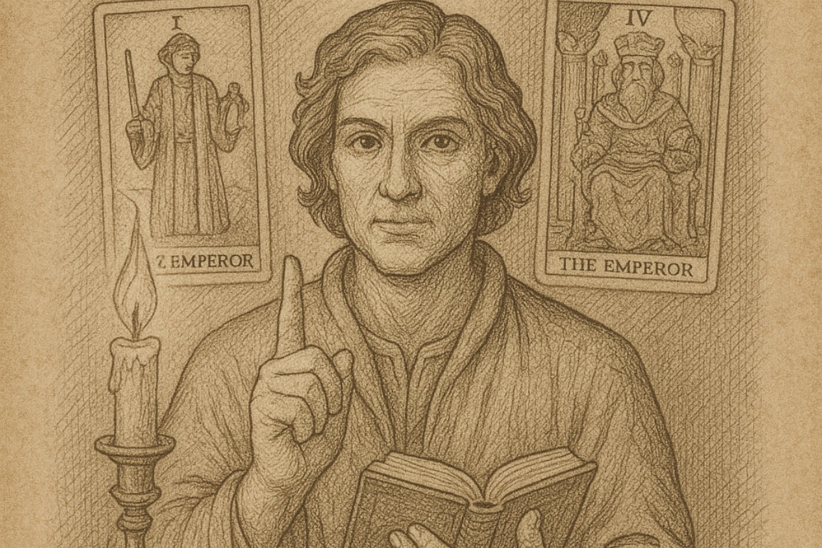 Sepia pencil sketch of a teacher holding an open book and gesturing upward, with The Magician and The Emperor Tarot cards in the background.