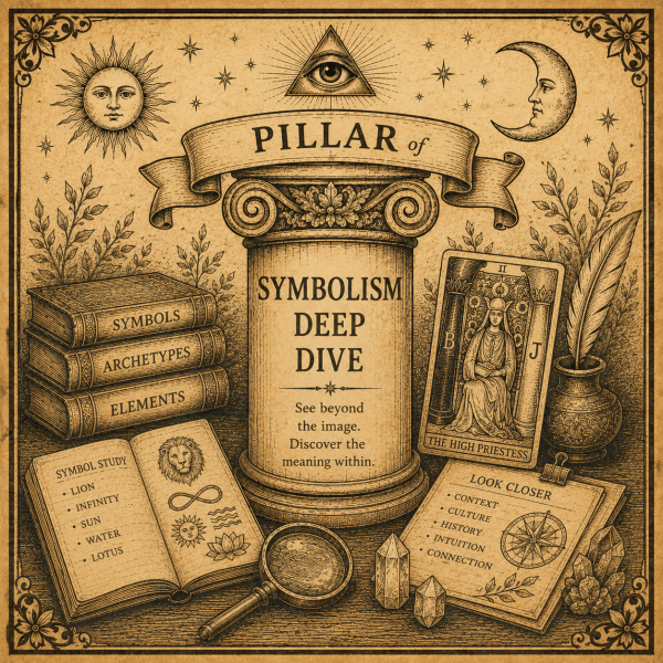 Symbolism Deep Dives pillar with magnifying glass, Tarot imagery, and symbolic study notes