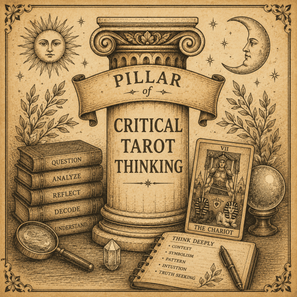 Critical Tarot Thinking pillar with books, cards, and analytical study tools