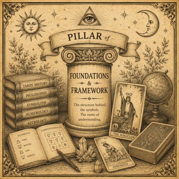 Foundations and Frameworks pillar with books, symbols, and Tarot study materials