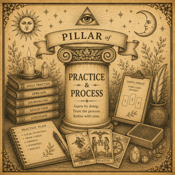 Practice and Process pillar with Tarot cards, journal pages, and reflective exercises
