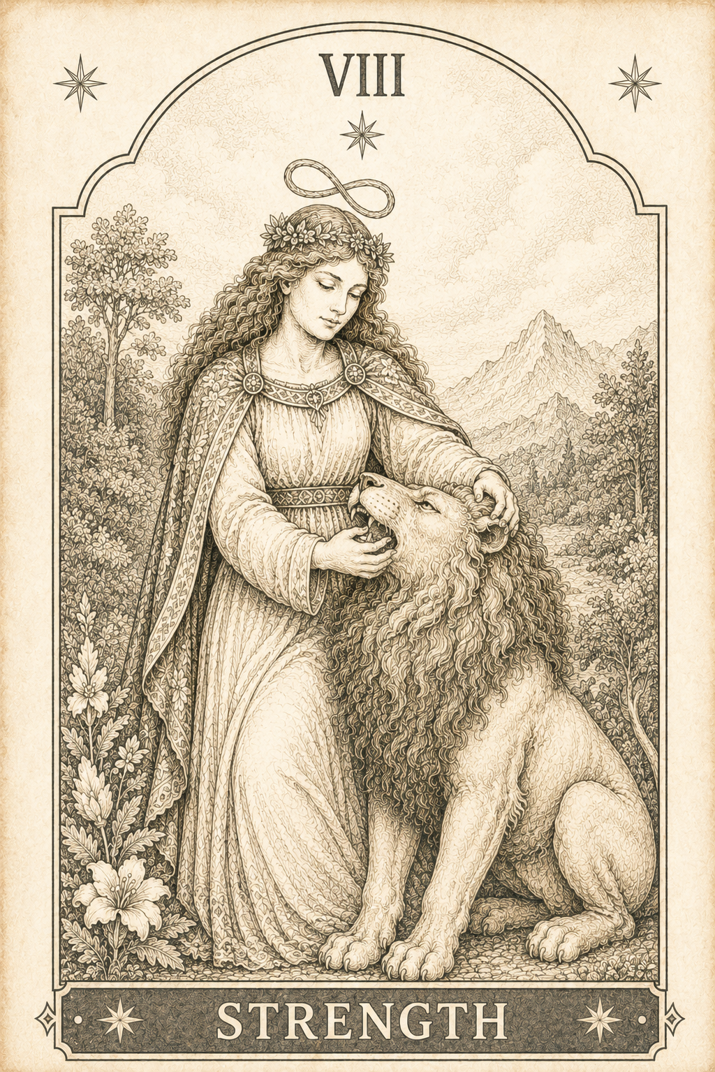 Vintage pencil sketch illustration of the Strength tarot card featuring a serene woman gently calming a lion beneath the infinity symbol, rendered in detailed linework on an aged parchment background in the classic Tarot Studies style.