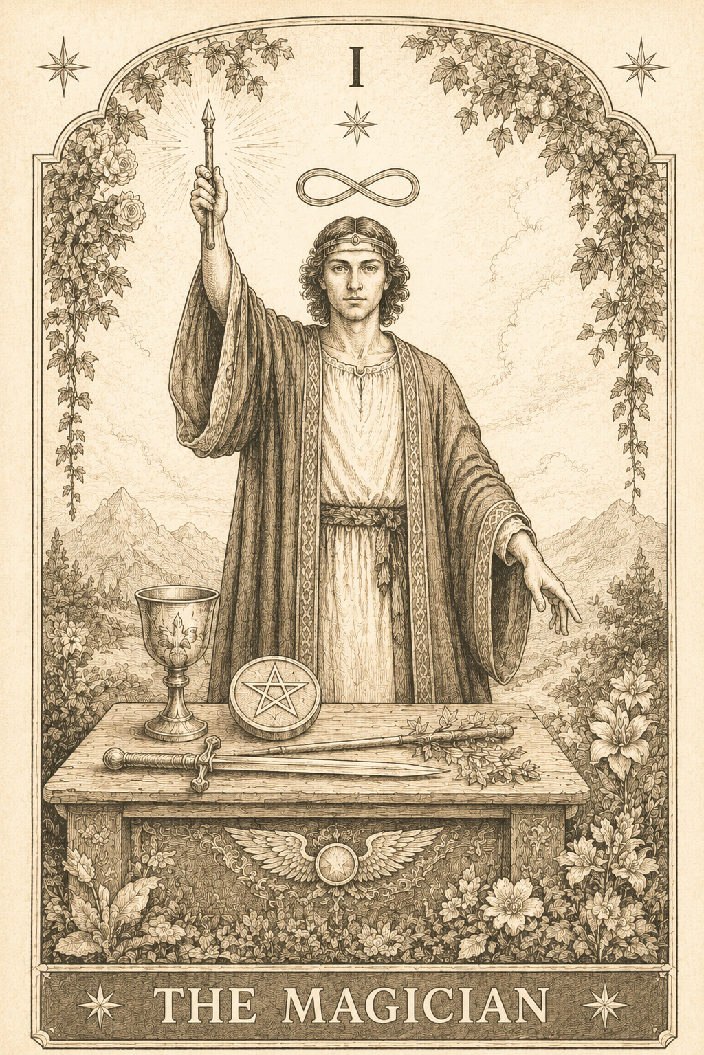 Vintage pencil sketch illustration of The Magician tarot card on parchment, featuring the Magician raising a wand above an altar with the four suit symbols in the Tarot Studies Classic Tarot Scholar style.