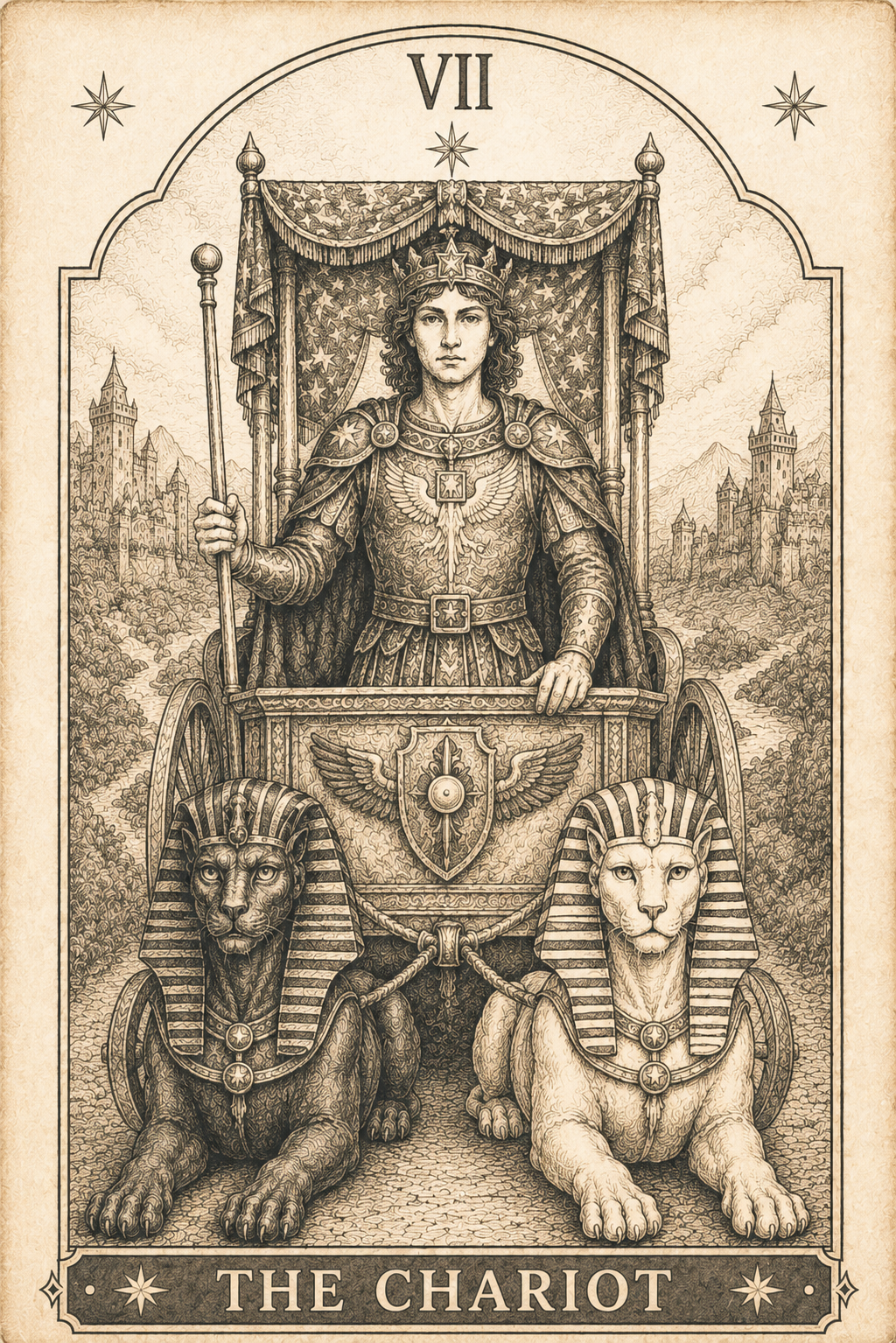 Vintage pencil sketch tarot illustration of The Chariot featuring an armored charioteer standing in an ornate chariot drawn by two sphinxes, symbolizing determination, willpower, focus, and victorious movement, rendered on an aged parchment background.