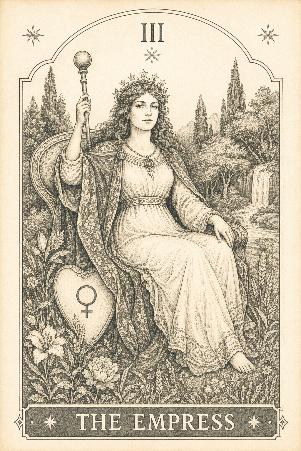 The Empress tarot card illustrated in the Tarot Studies style, featuring a serene queen seated on an ornate throne amid lush gardens and flowing water. She wears a crown of stars and holds a royal scepter, symbolizing abundance, creativity, motherhood, and the nurturing power of nature. Rendered as a detailed pencil sketch on warm parchment with a timeless vintage aesthetic.