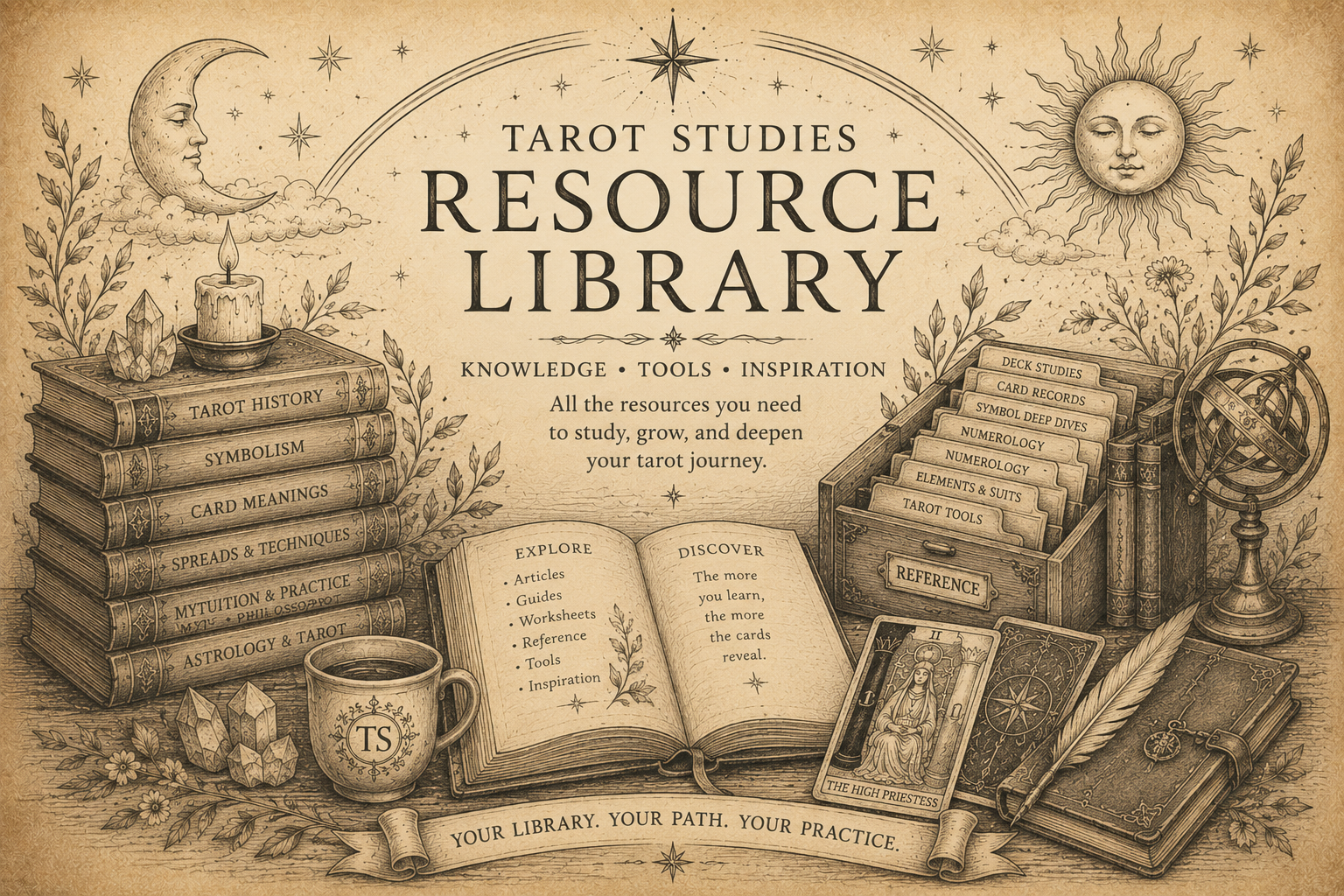 Vintage pencil illustration of tarot books, reference files, journal, tarot cards, and celestial symbols representing the Tarot Studies Resource Library.