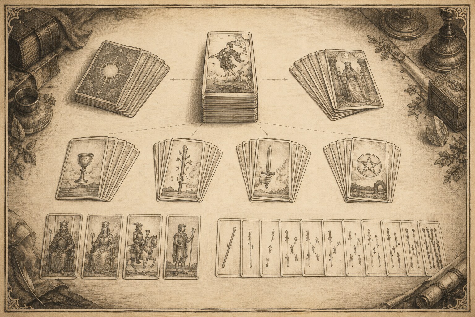 Sepia pencil illustration showing a Tarot deck organized into Major Arcana, four suits, court cards, and numbered cards.