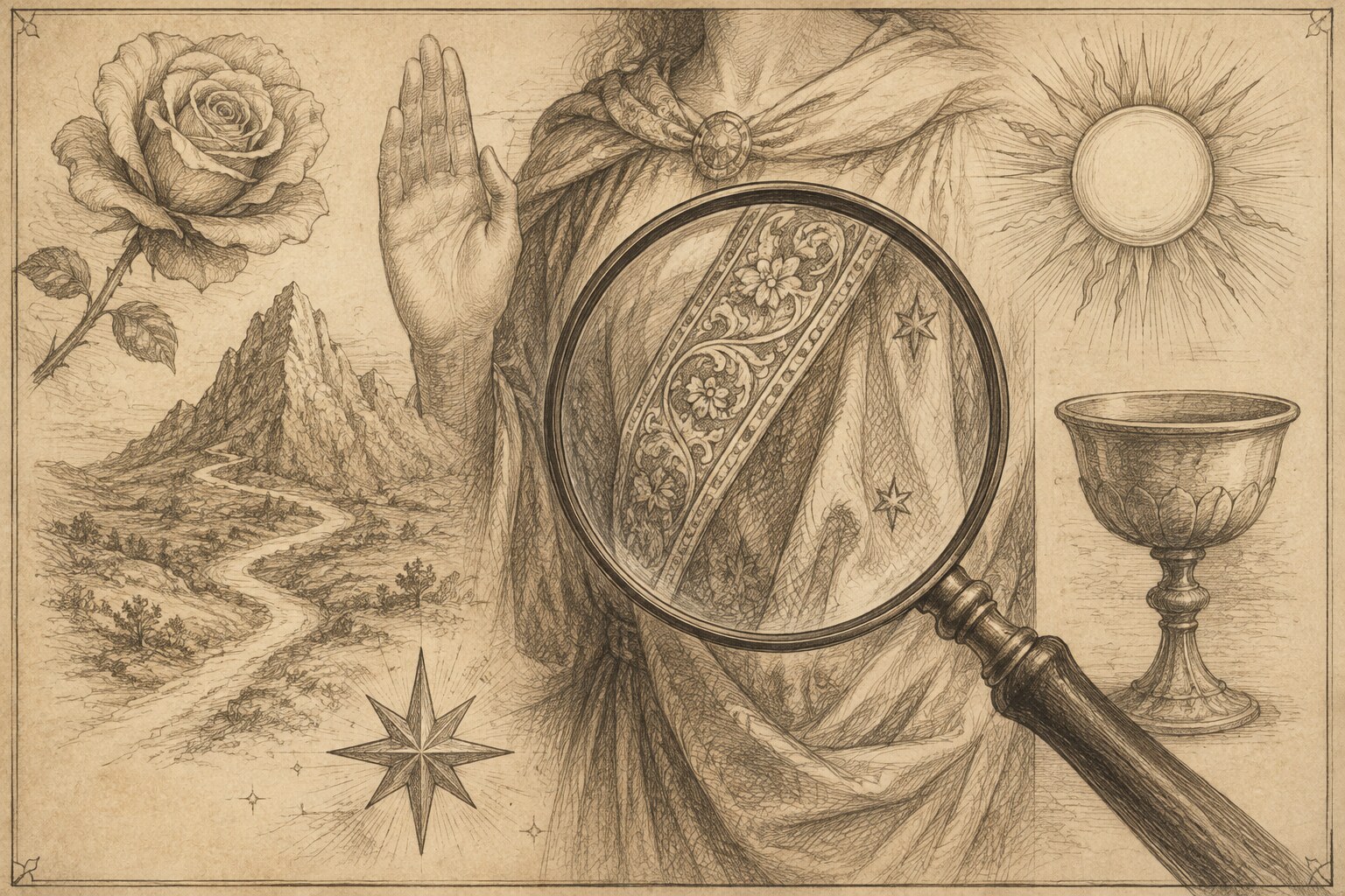 Sepia pencil study of Tarot symbols including a rose, hand, mountain path, star, sun, cup, and magnifying glass.