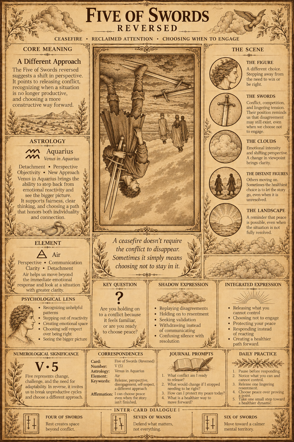 Sepia-toned Five of Swords Reversed tarot study infographic exploring conflict, emotional boundaries, and choosing when to disengage.